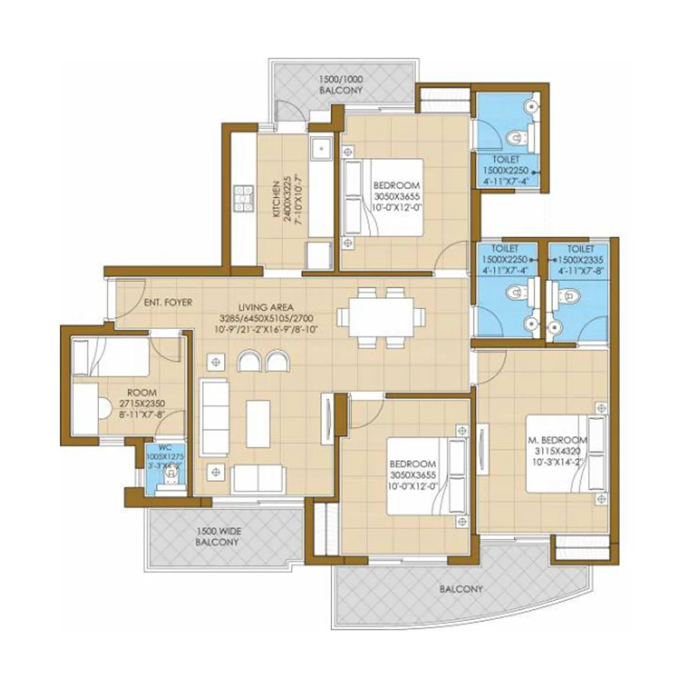 3 BHK+Study(1675 sq.ft)